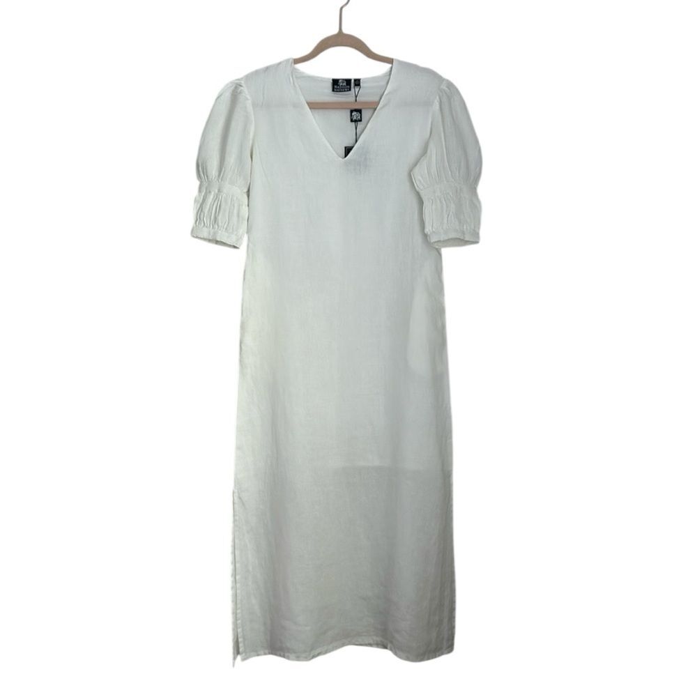 Madison Mathews White Linen Puff Sleeve Midi Dress Lined Pockets Size XS NWT